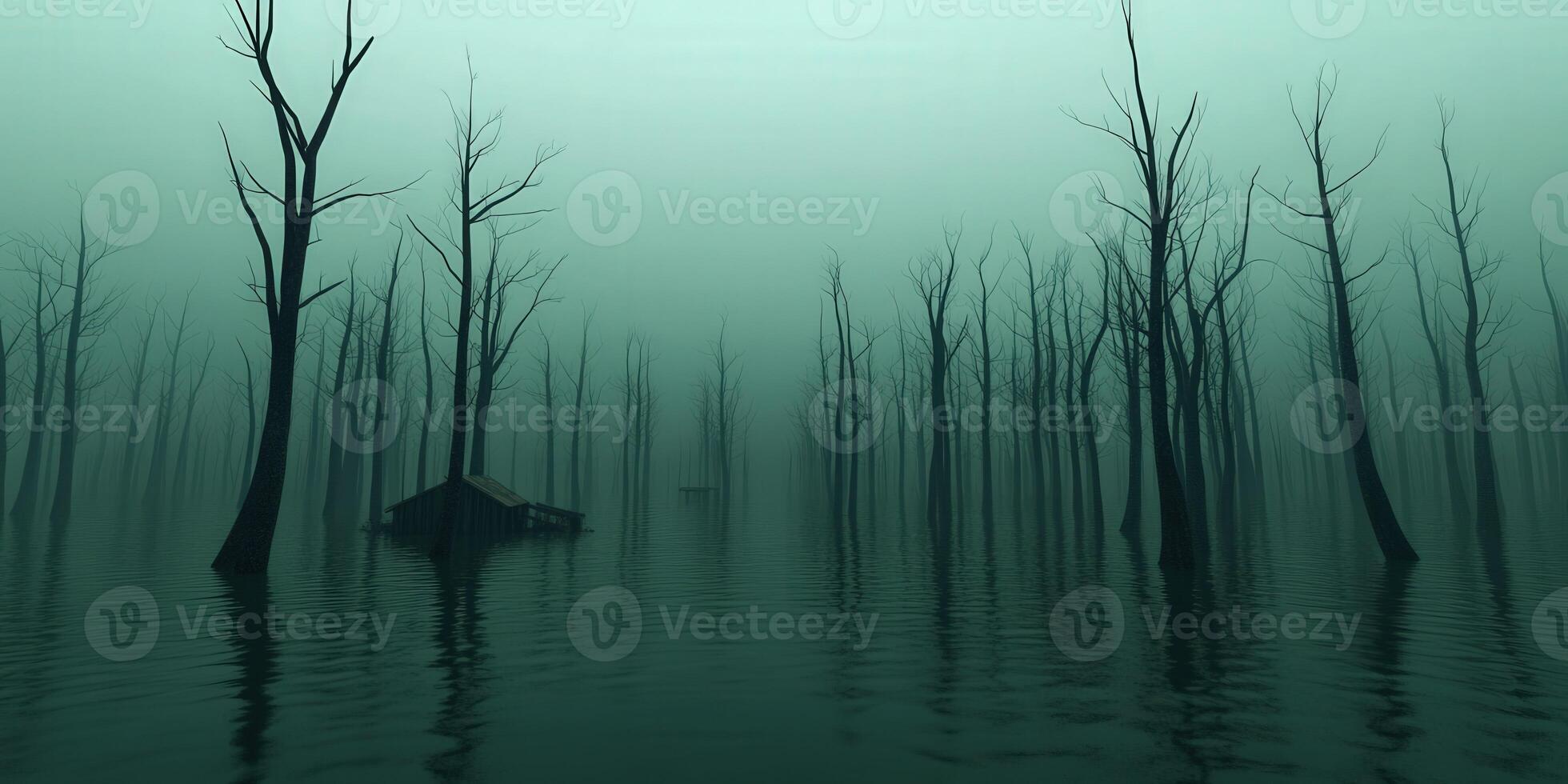 Misty lake landscape with submerged trees and abandoned cabin at dusk photo