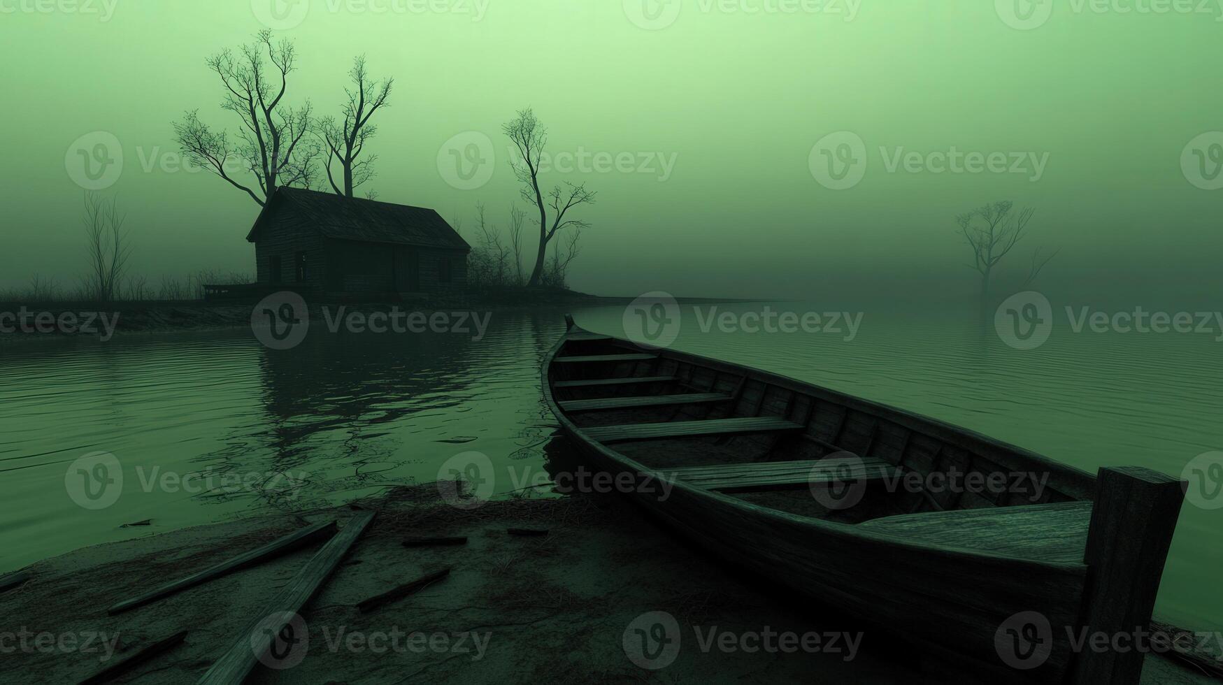 Mysterious fog-covered lake at dawn with an old wooden boat and shack photo