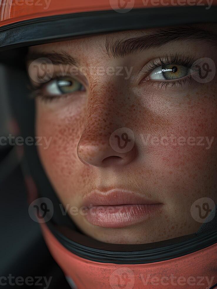 Young female racer in an orange helmet prepares for a race day challenge photo