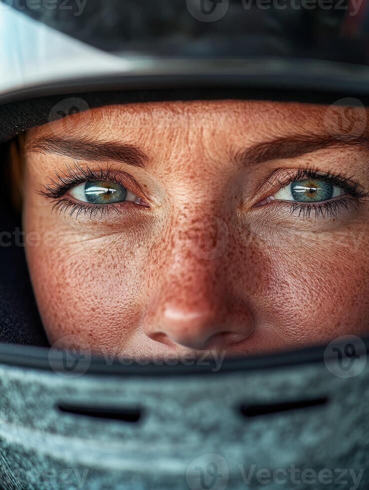 Female race car driver prepares for an intense race day in a helmet photo