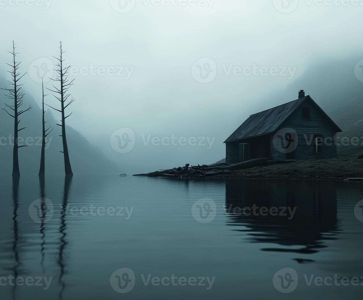 Mysterious fog envelops a quiet lakeside cabin at dawn photo