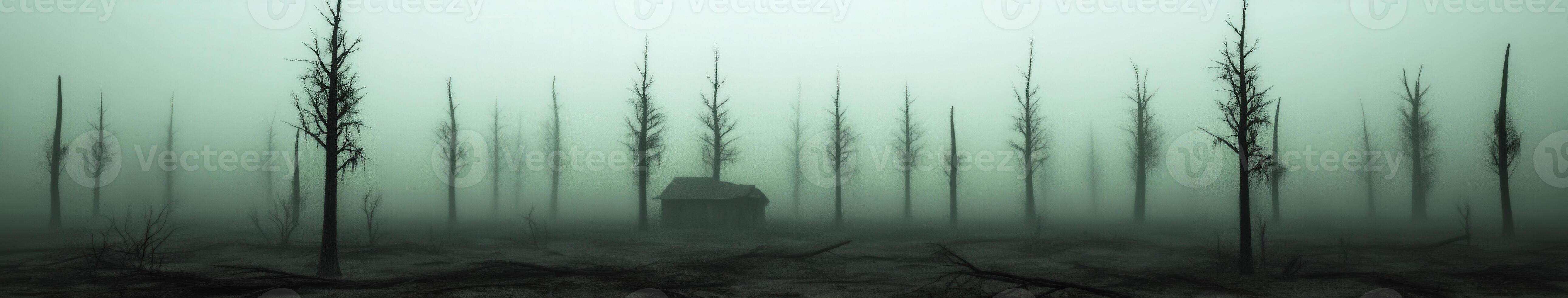 A solitary house amidst fog-covered dead trees in a desolate landscape photo