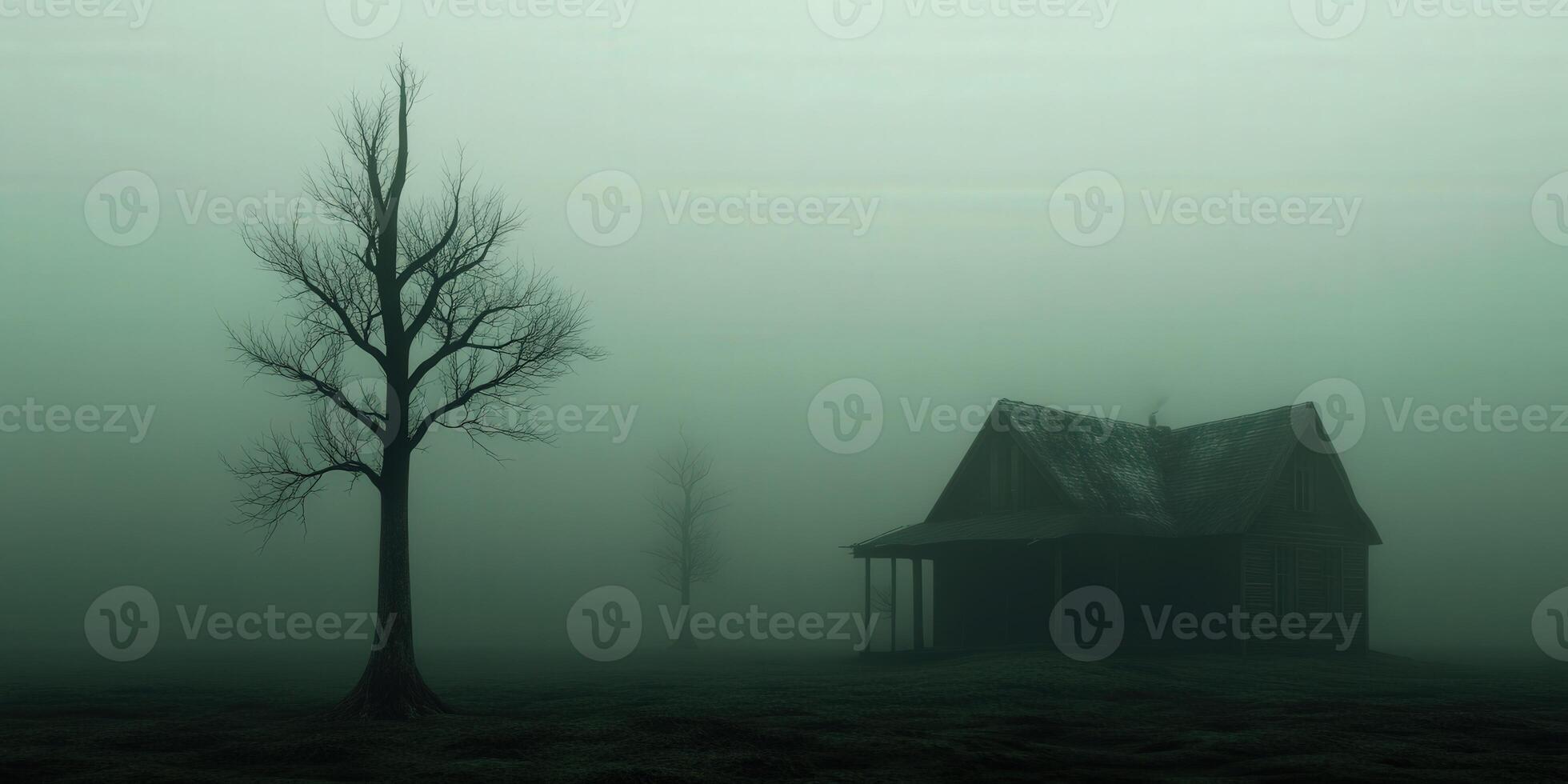 Misty landscape with an abandoned house and leafless trees at dawn photo