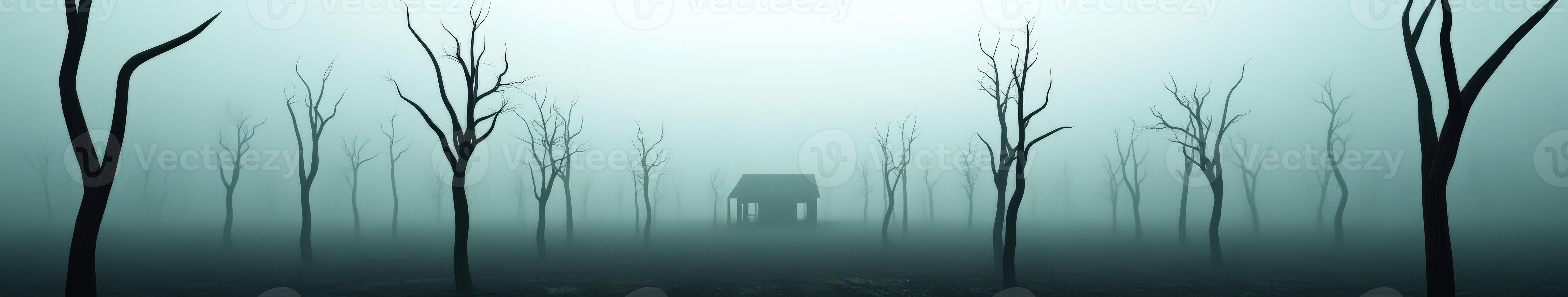 A solitary cabin in a misty forest with bare trees at dusk photo