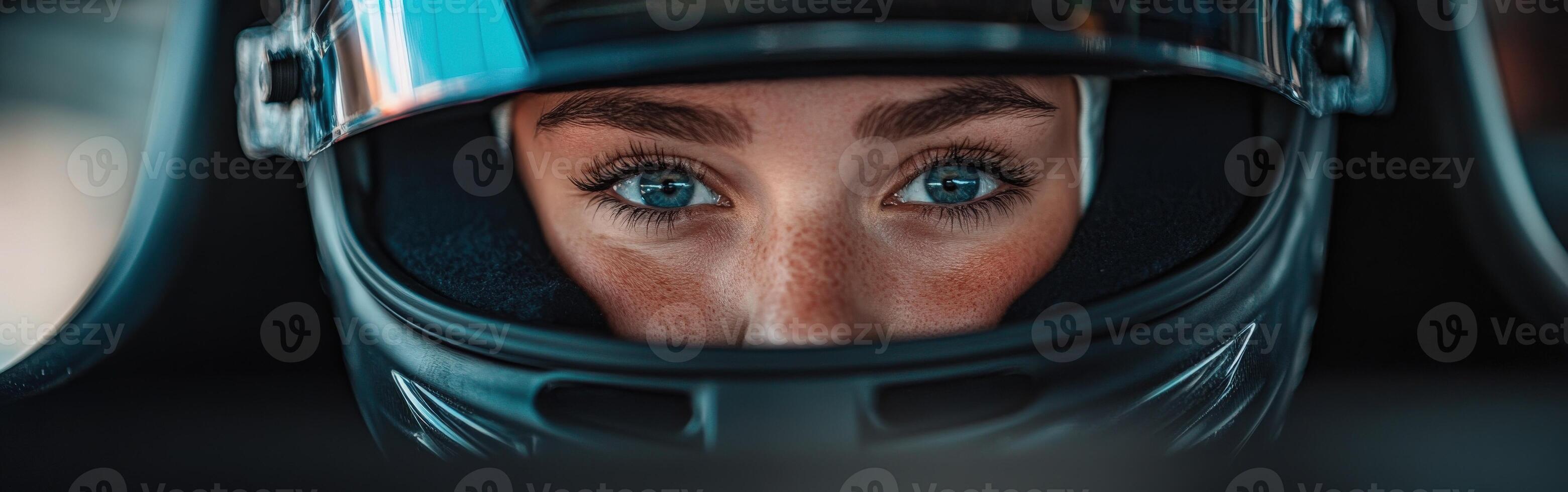 Racing driver focused on the track while wearing a helmet in daylight photo