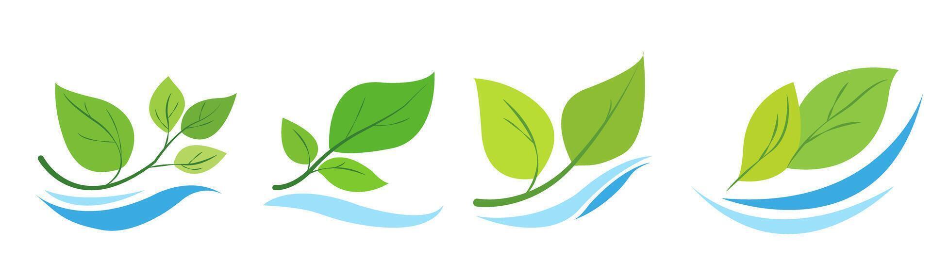 green leaves combined with water wave elements, forming logos or icons. The leaves are vibrant, and the design is simplistic with a white background. Concept of nature, hydroponics, and gardening vector