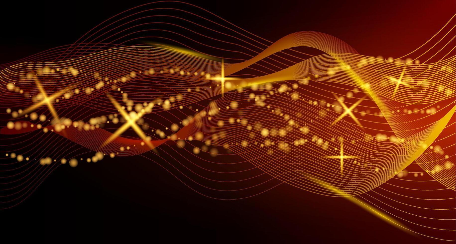This image showcases flowing golden waves with sparkling lights on a dark background, representing an abstract concept vector