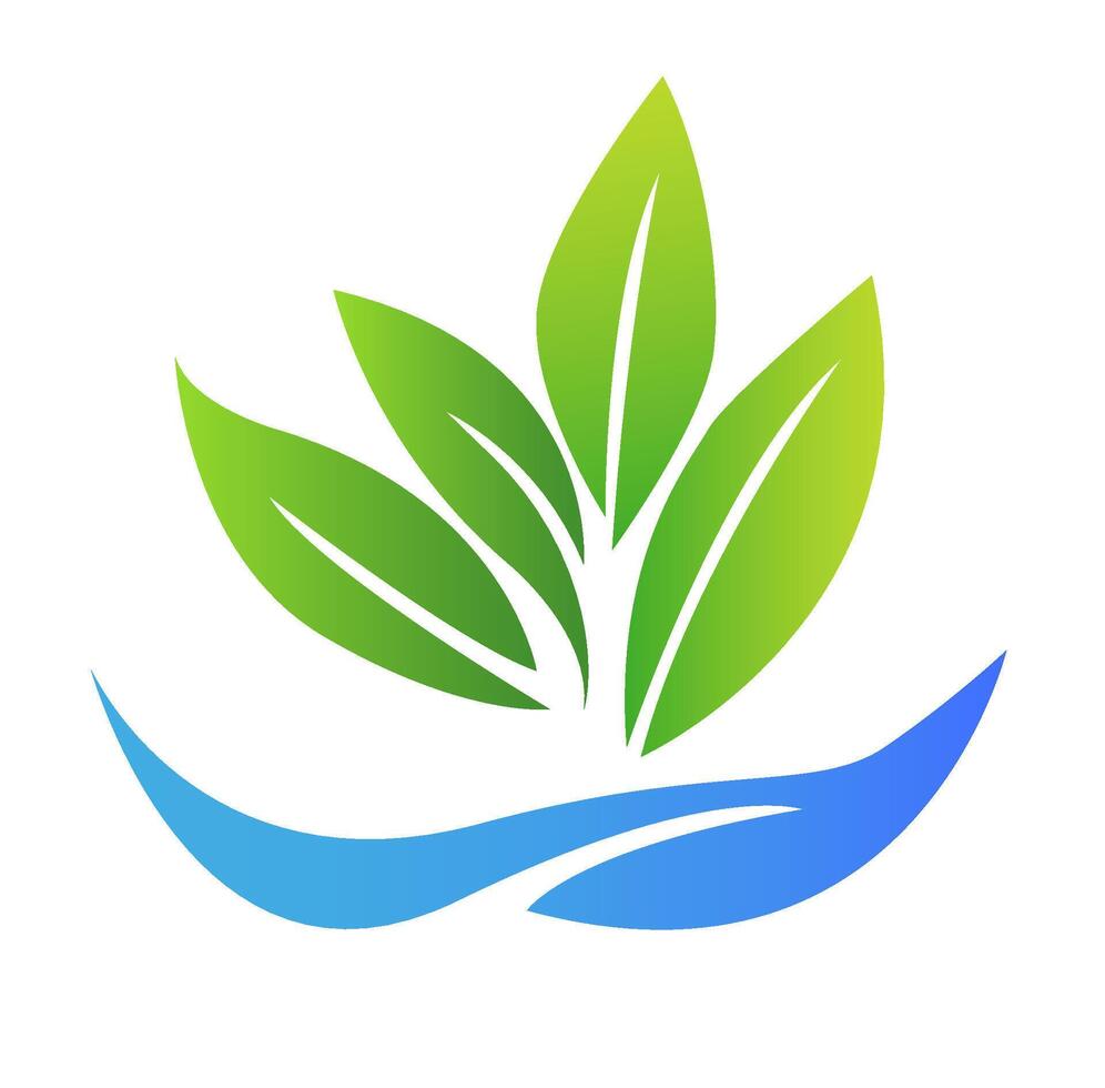 The image features a logo design with green leaves and water waves, showcasing a fresh and clean graphic style on a white background. Concept of hydroponic gardening. vector
