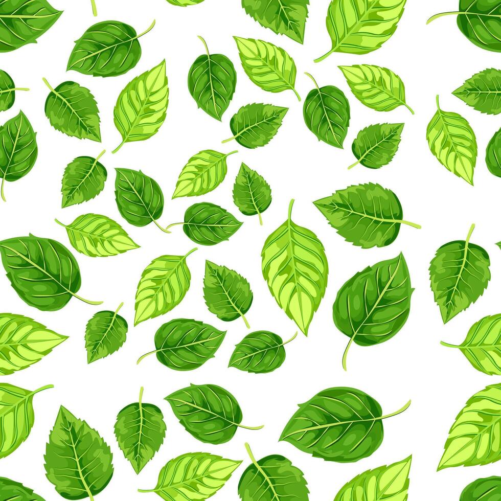 seamless pattern features various shades and shapes of green leaves against a white background. Perfect for nature-themed designs, eco-friendly packaging, and botanical illustrations vector