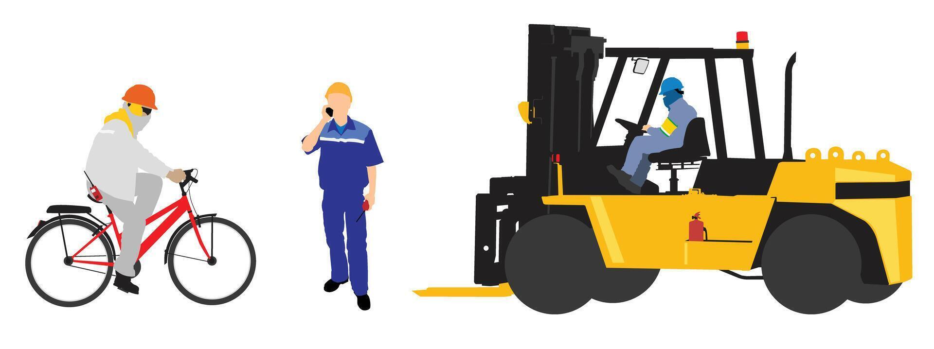 Professional workers wear safety equipment in various postures while working in industrial areas vector