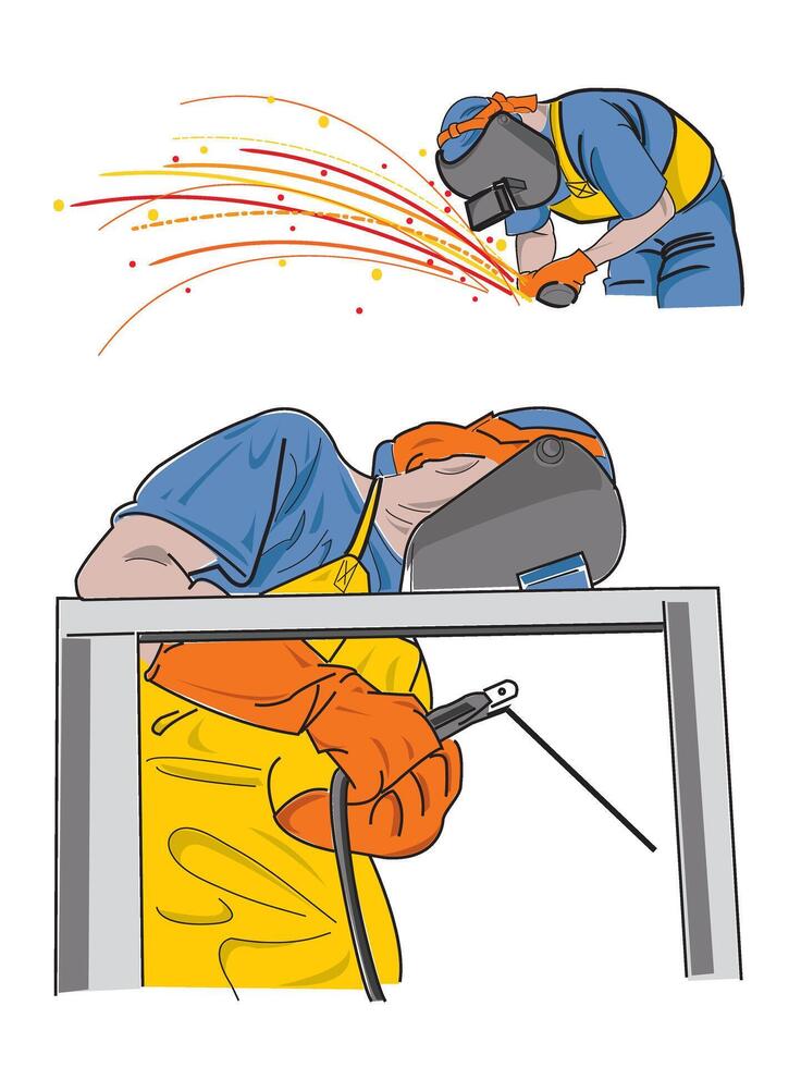 Welders and grinders in industrial work wear safety gear vector