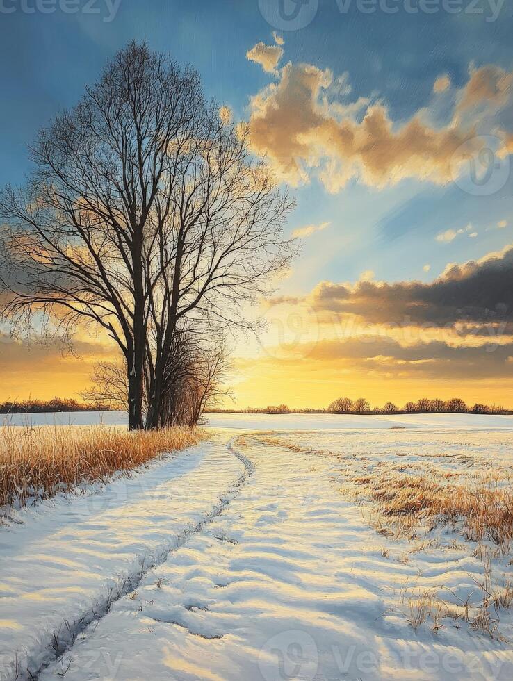 Golden sunset over a snowy field with a silhouette of trees photo