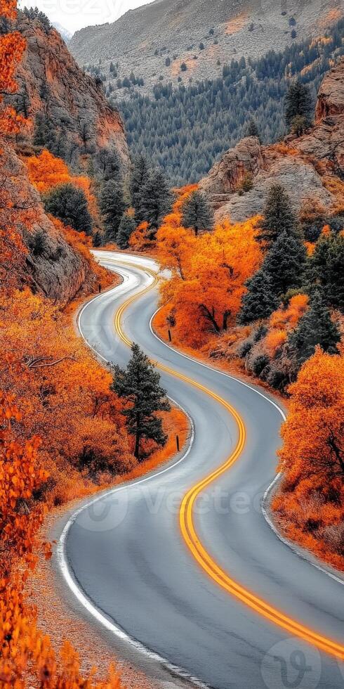 Curving road surrounded by vibrant autumn foliage in mountainous landscape photo