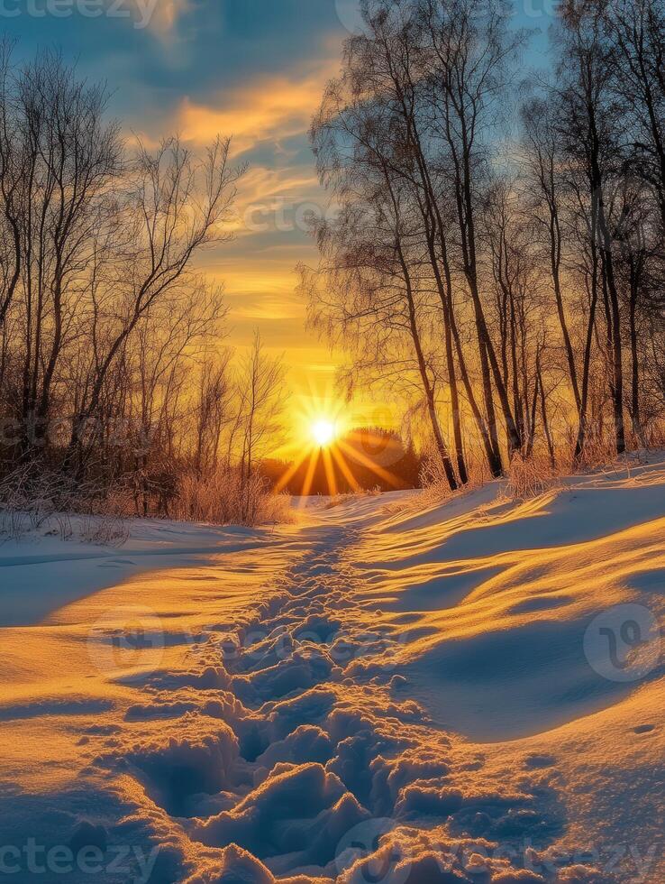 Golden sunset over a snowy path in a tranquil winter forest photo