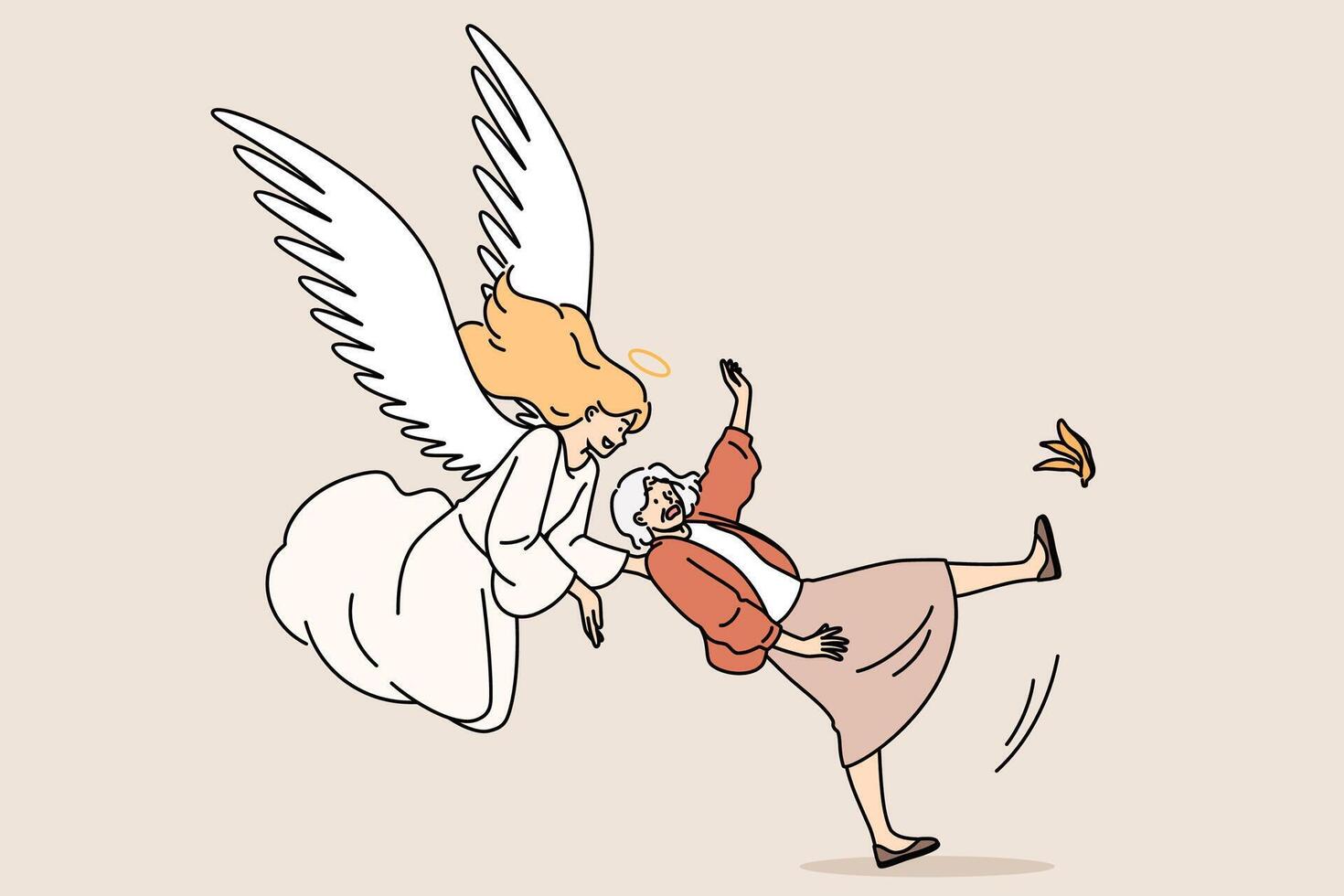 Guardian angel saves grandmother who has fallen on banana peel and is at risk of injury vector
