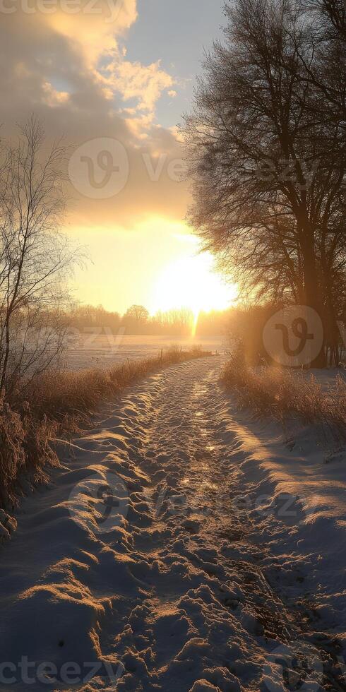 Sunrise over a snowy path in a quiet winter landscape photo