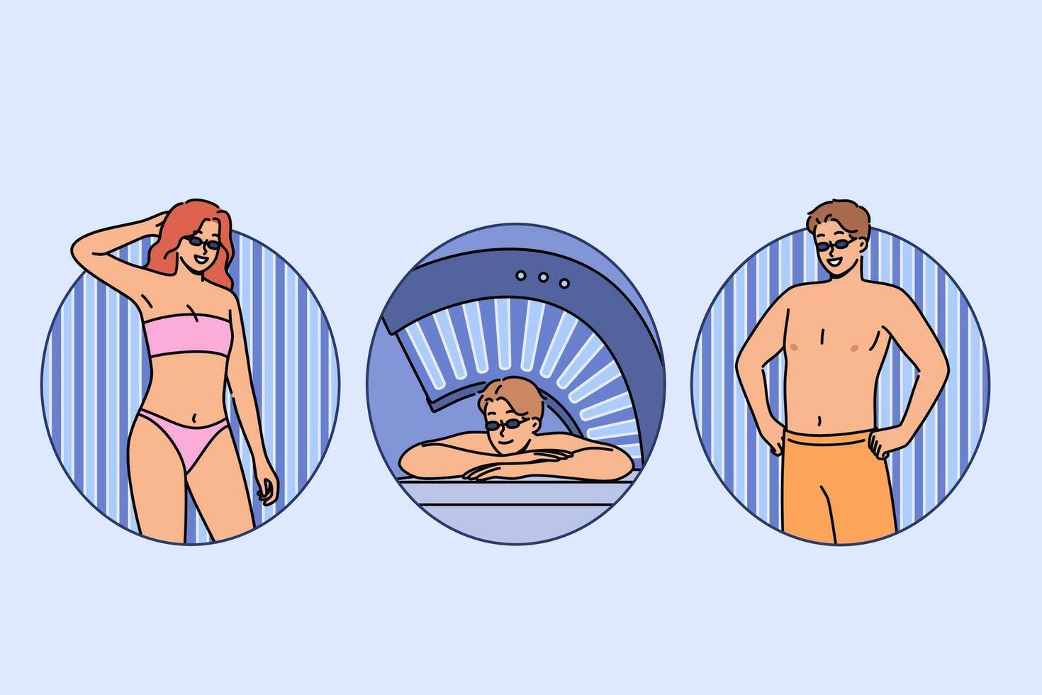 People sunbathe in solarium, standing or lying among blue lamps that allow them to give bodies tan vector