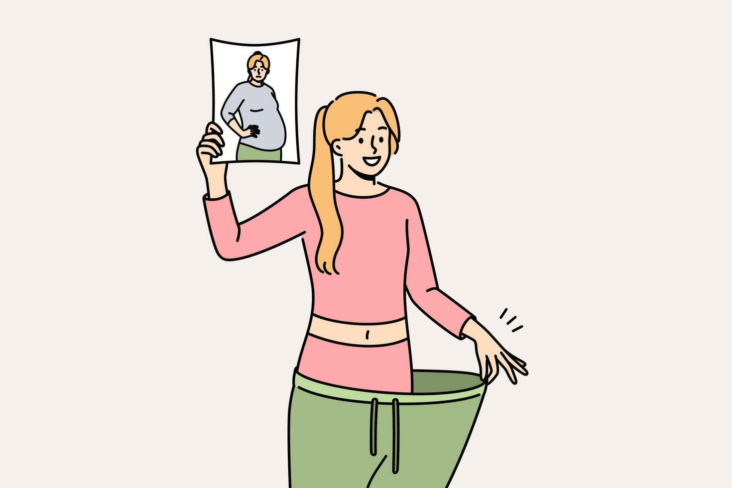 Lost weight woman in huge pants, showing own old photo with big belly and fat or cellulite on hips vector