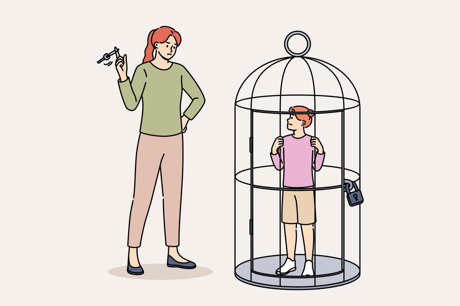 Overprotection and violence against children from woman standing near small cage with daughter vector