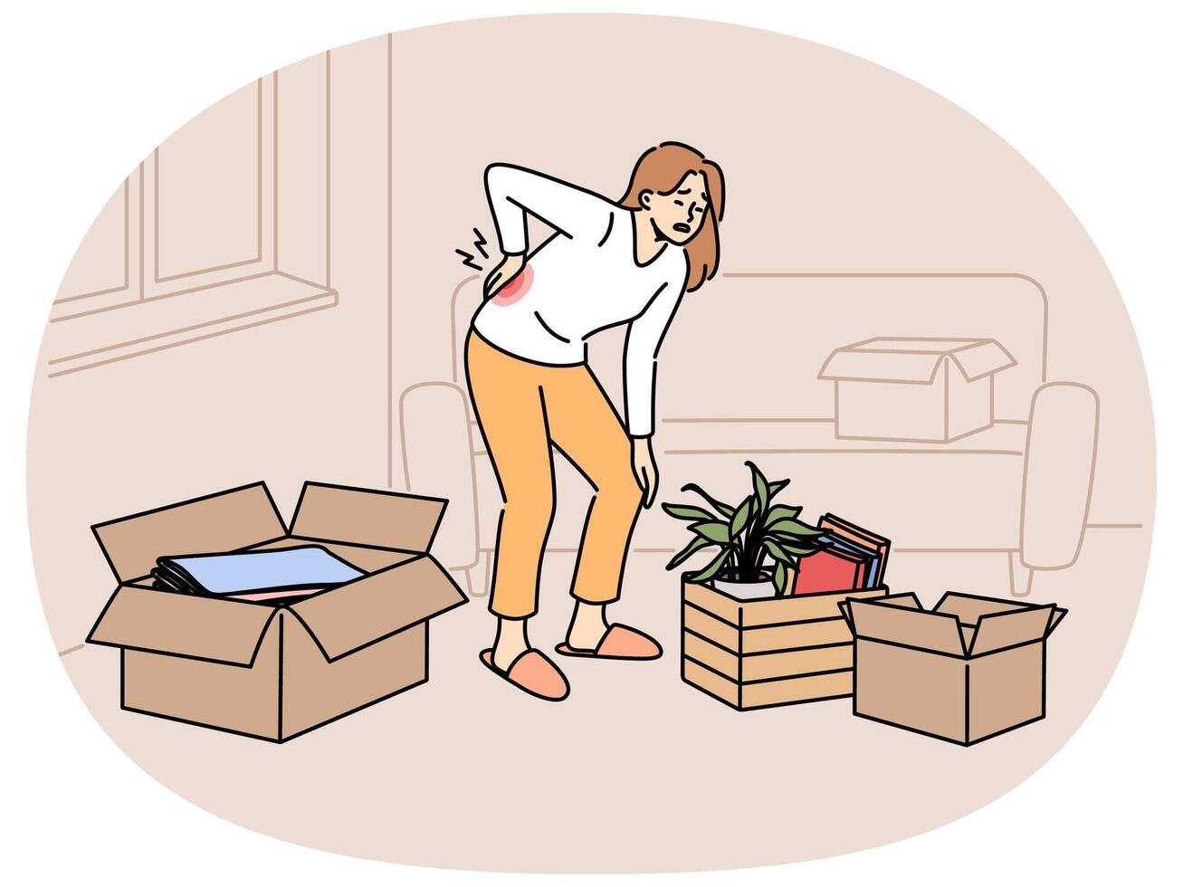 Sick woman moving to new apartment and suffers from back pain, stands among heavy boxes vector