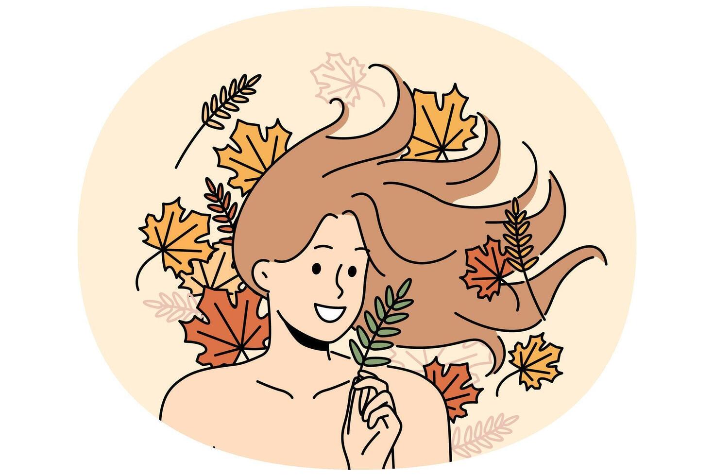 Woman with long flowing hair lies among autumn leaves and smiles rejoicing at onset of september vector