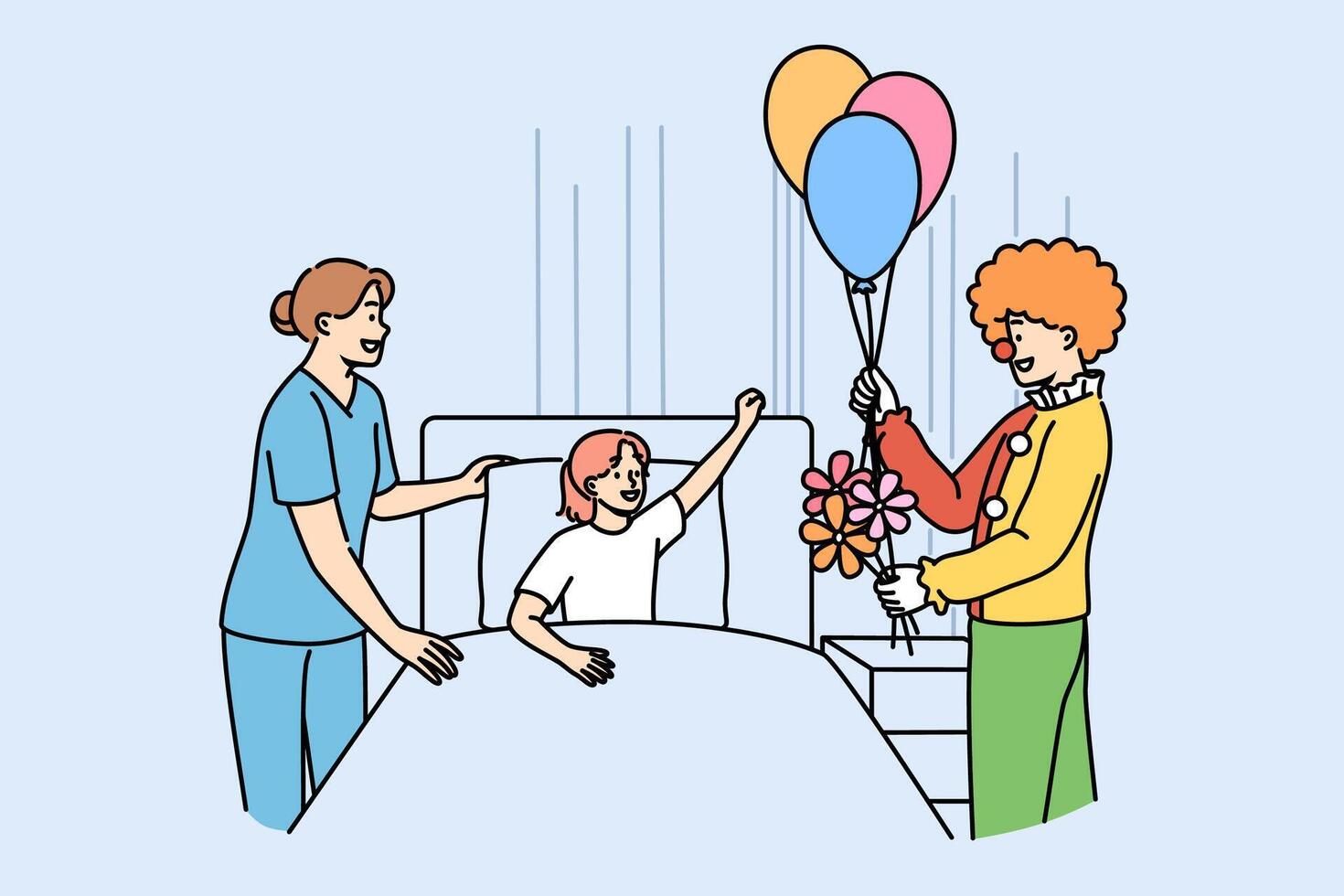 Clown entertains sick girl lying in bed in hospital to improve mood of child suffering from illness vector