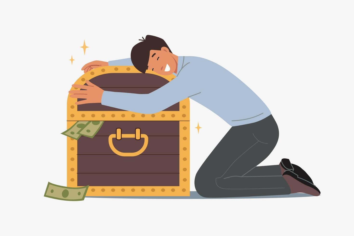 Man investor hugs chest of money, rejoicing at accumulation of large capital through trading vector