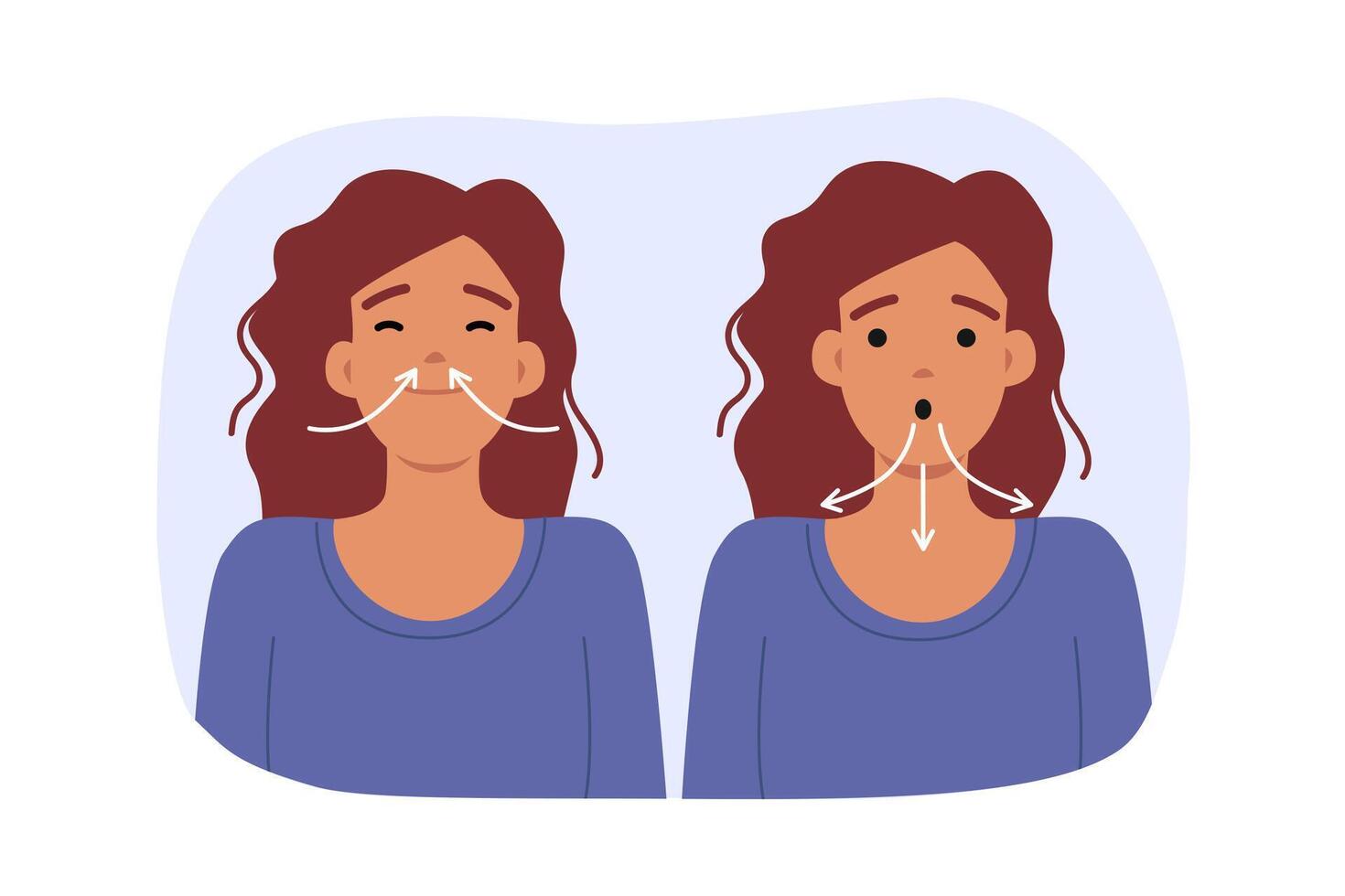Woman breathing deeply demonstrates inhaling through nose and exhaling through mouth vector