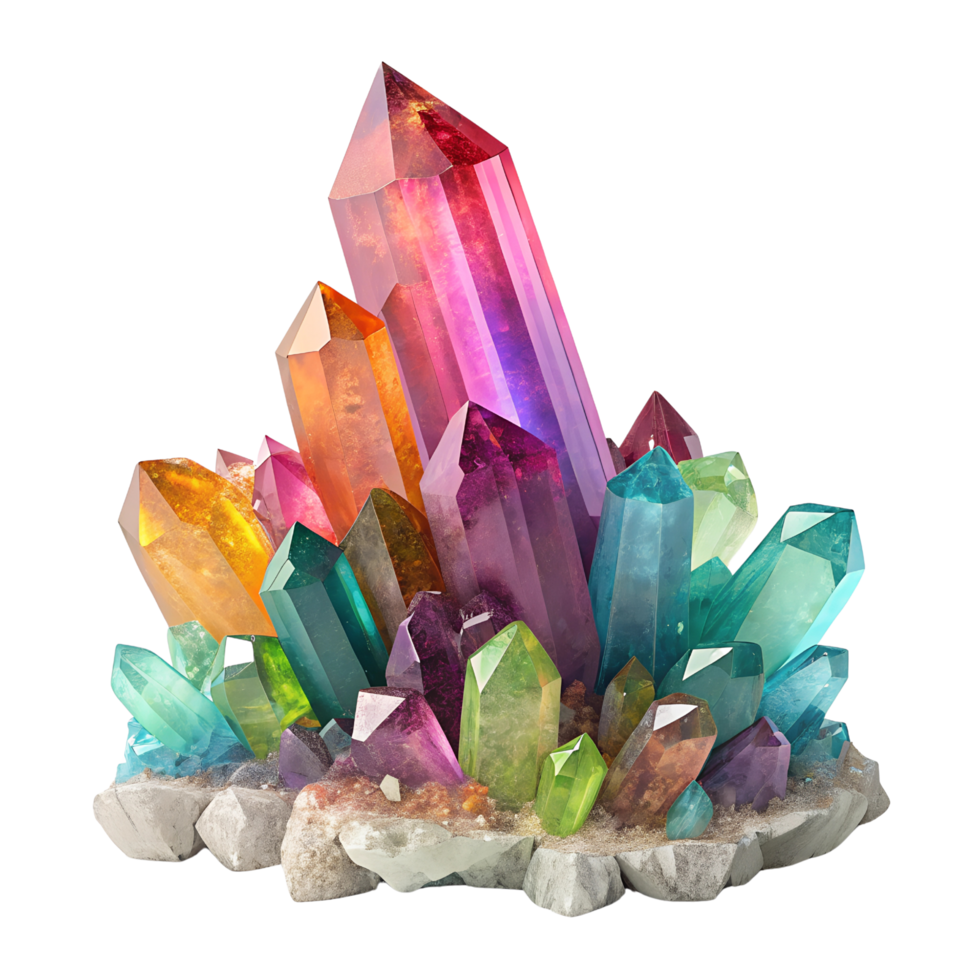 Vibrant Multicolored Crystal Cluster on a Stone Base png