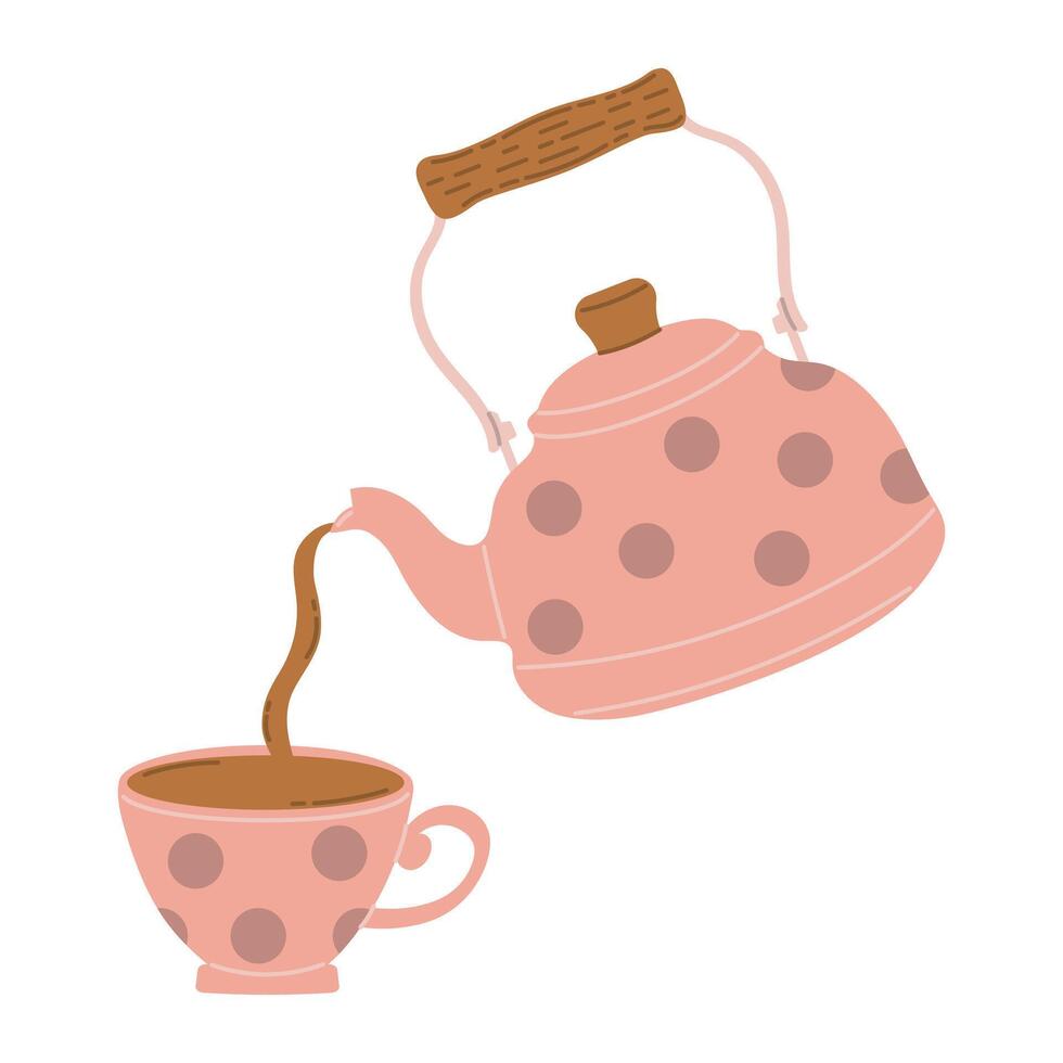 Illustration of Cozy Teapot Pouring Tea into a Cup with Polka Dot Pattern. Charming and minimalist illustration vector
