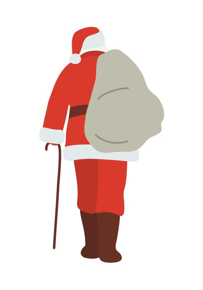 Back Side Illustration of Santa in Red With Gift Bag Vintage Flat Style Isolated on White Background. illustration vector