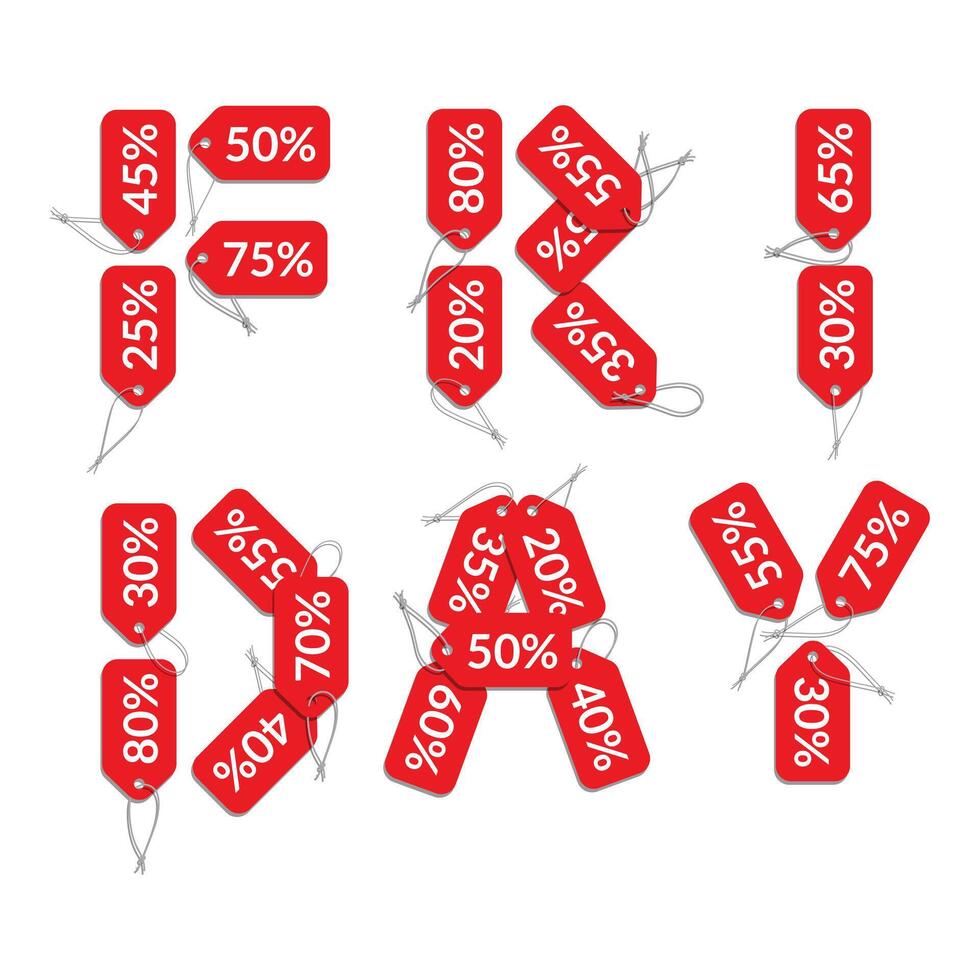 Black Friday Red Text Made Out Of Labels With Percents Special Offer Concept Isolated On White. Flat Style. illustration vector