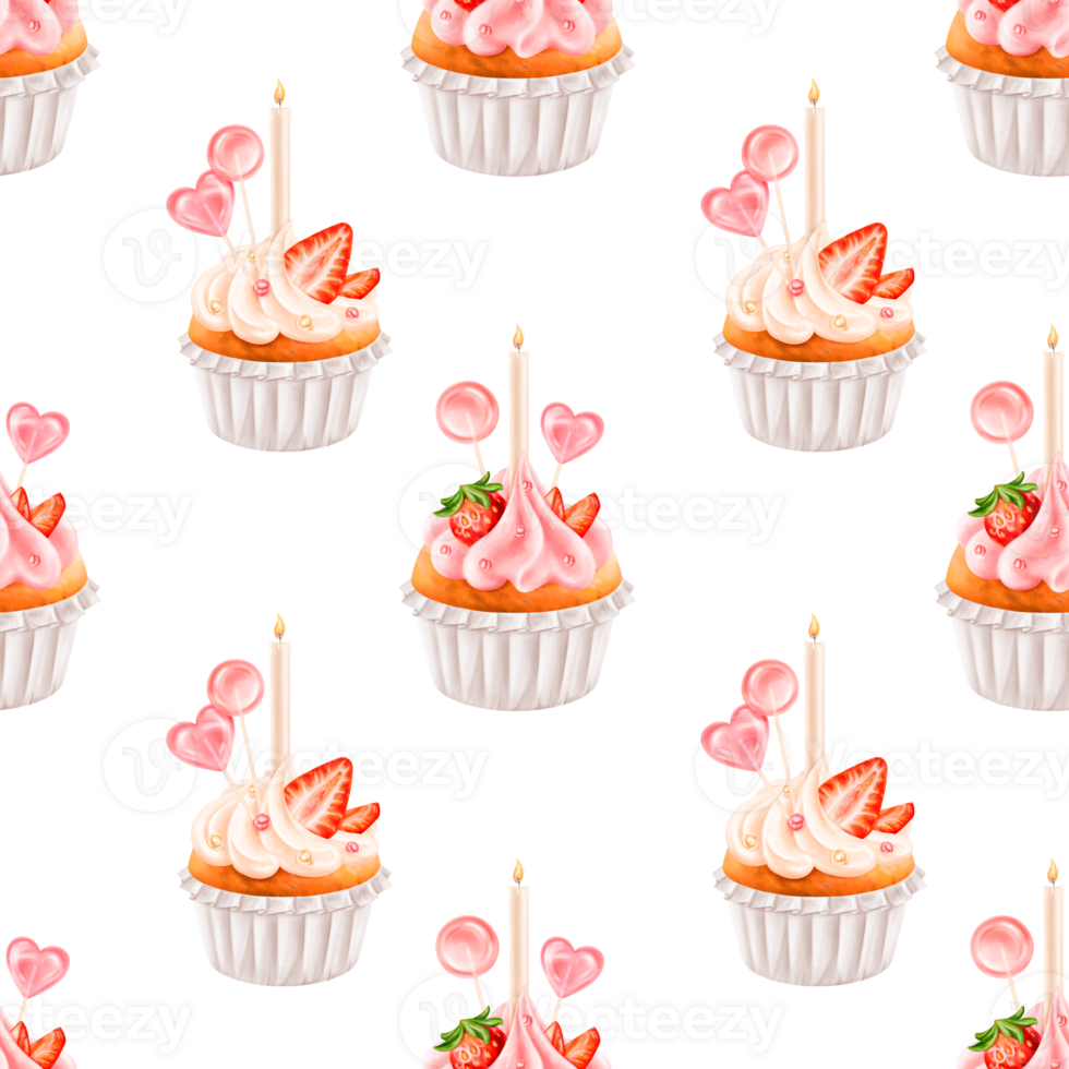 Seamless pattern with berry cupcake decorated with strawberries. Confectionery, cakes with cream and cream. Mini cakes with a candle. Hand draw illustration. Decoration of holidays, congratulations png