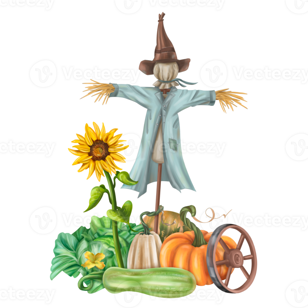 Autumn garden composition with a scarecrow and a harvest of seasonal vegetables. Pumpkins, zucchini, sunflowers, cabbage. Halloween and fall decor for posters and postcards. Isolated illustration png
