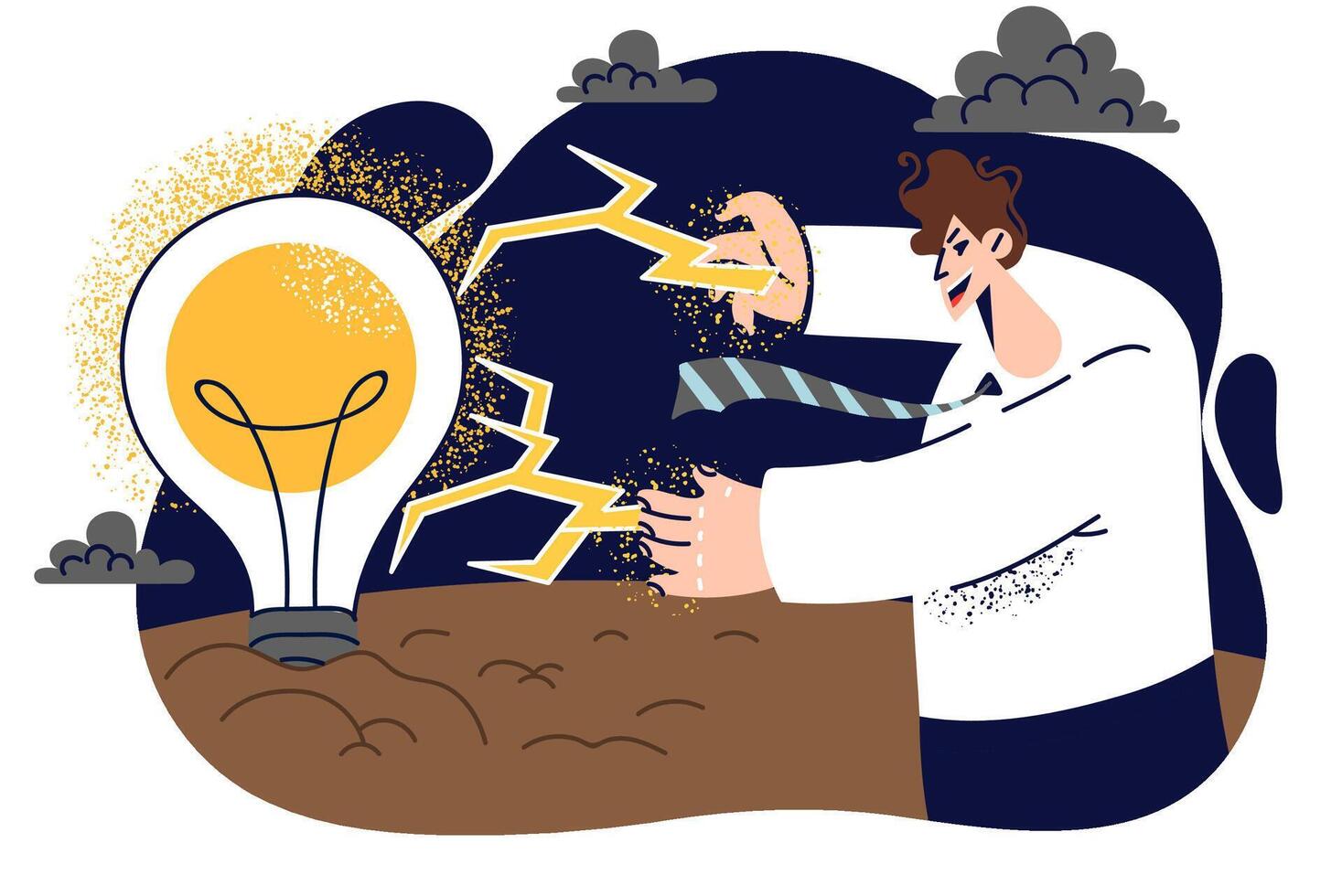 Business man uses magic to get new ideas, shoots lightning from hands, standing near light bulb vector