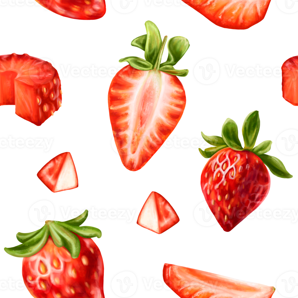Seamless pattern with bright berries and strawberry slices. Sweet healthy dessert, cooking ingredients. Decorations for a festive table, a summer party. Hand-drawn illustrations, background png
