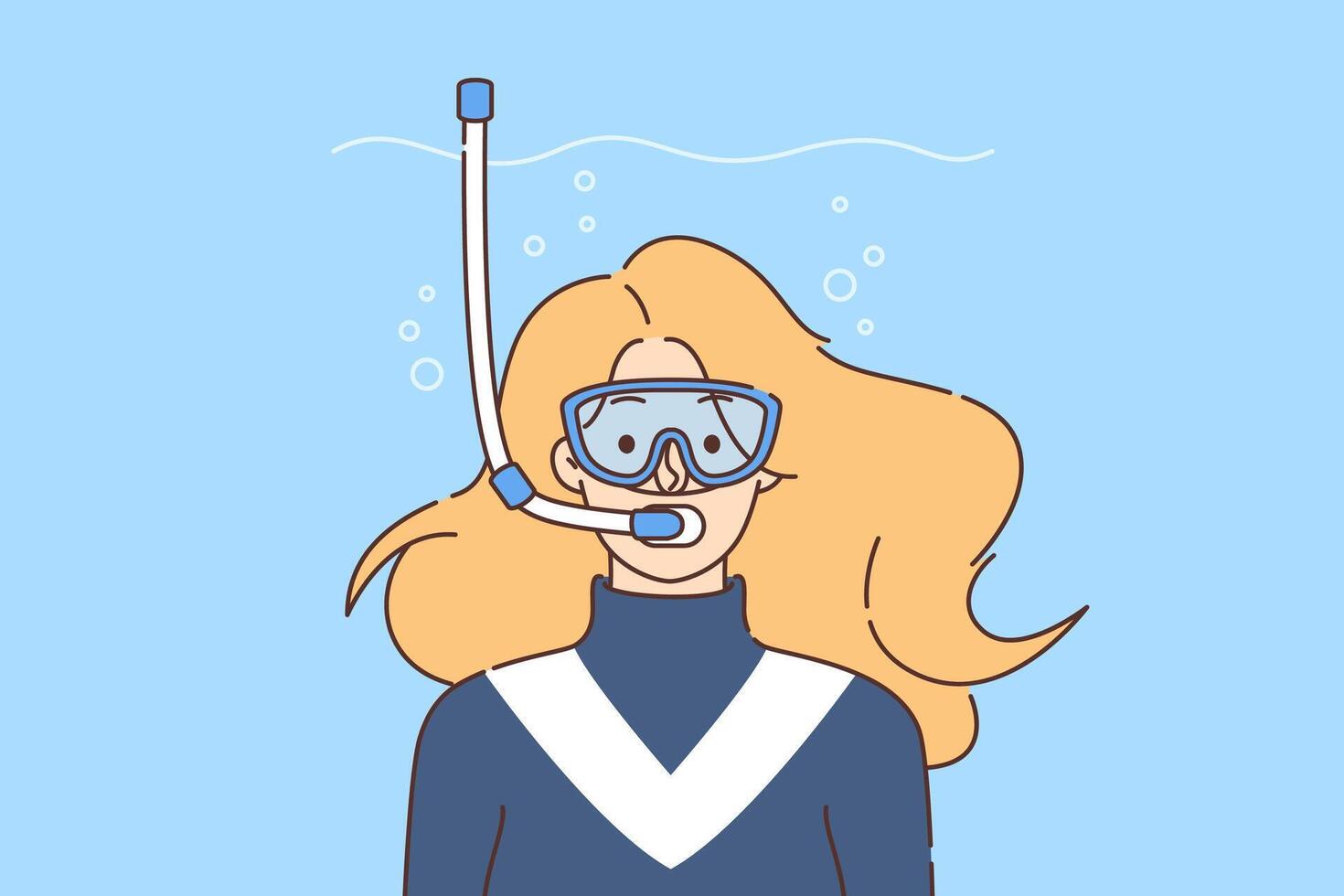 Woman is fond of diving, swims underwater with scuba and glasses to observe life of fish and corals vector