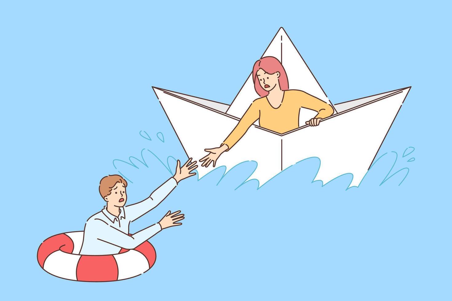 Help drowning business man, from shocked woman sailing on paper ship on dangerous sea vector