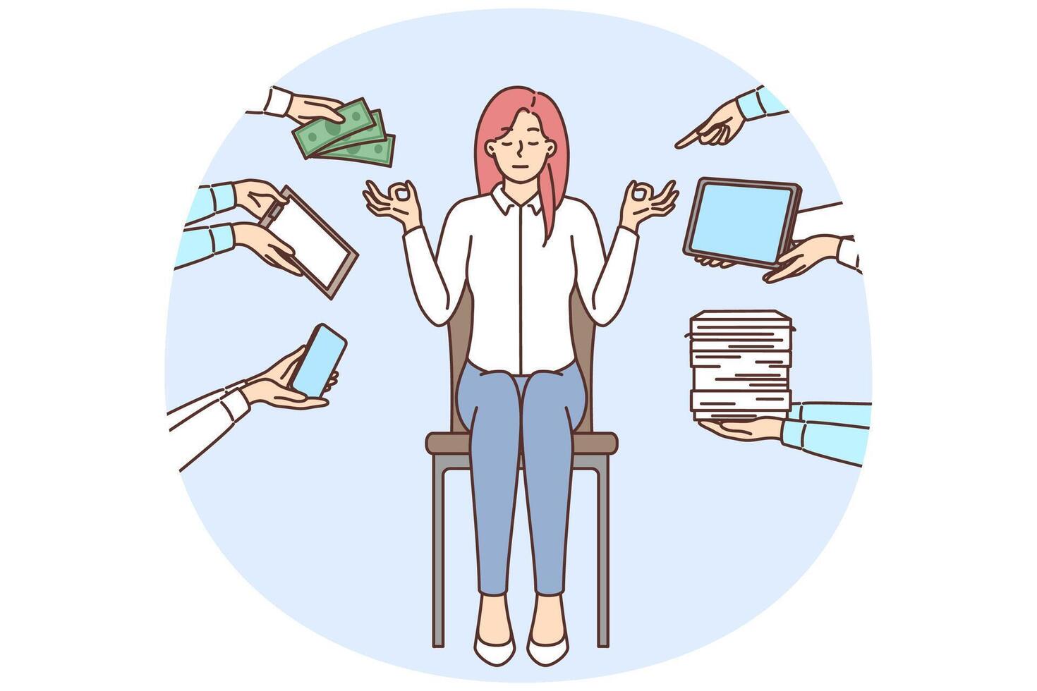 Calm businesswoman meditate distracted form office work vector