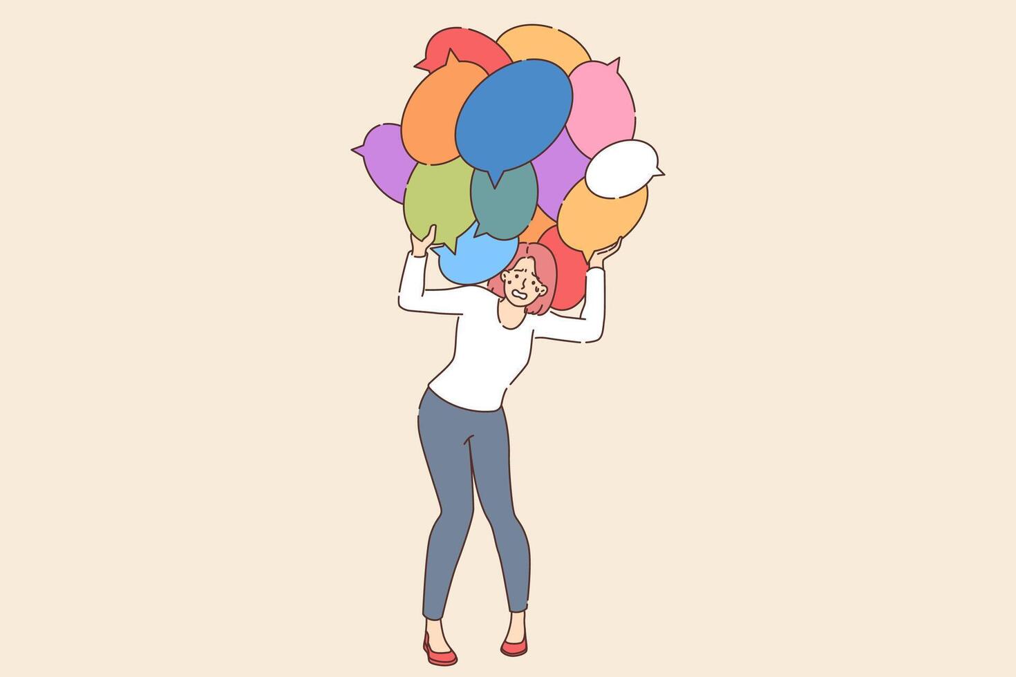 Information overload in unhappy woman holding many conversation bubbles above head vector