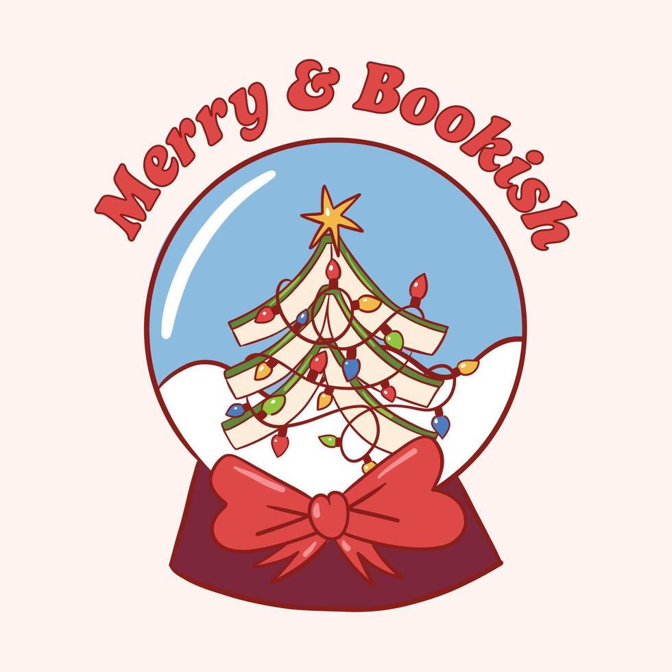 Whimsical Snow Globe Featuring Festive Christmas Tree and Books vector