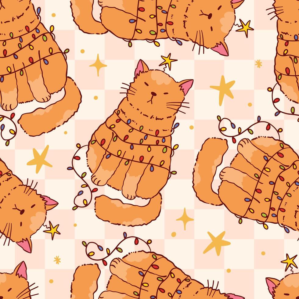 Festive Cats Wrapped in Christmas Lights Pattern vector