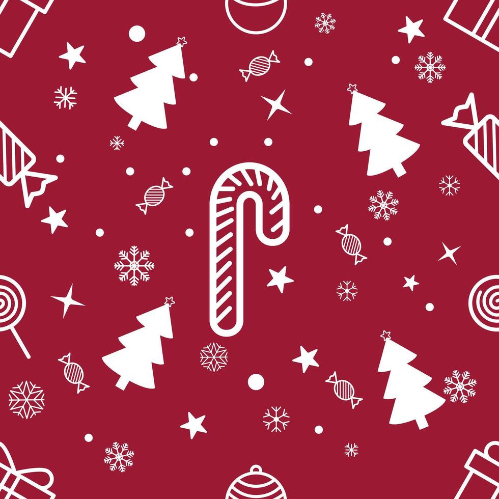 Christmas Abstract Seamless Pattern Christmas Candy and Christmas tree on red background for Christmas and New Year, texture clothing scarf decoration vector