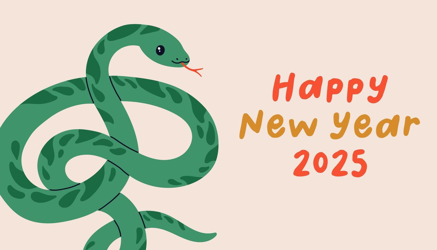 Happy new year 2025 snake banner. Greeting card with symbol of the year 2025. Cute snake and simple text. vector