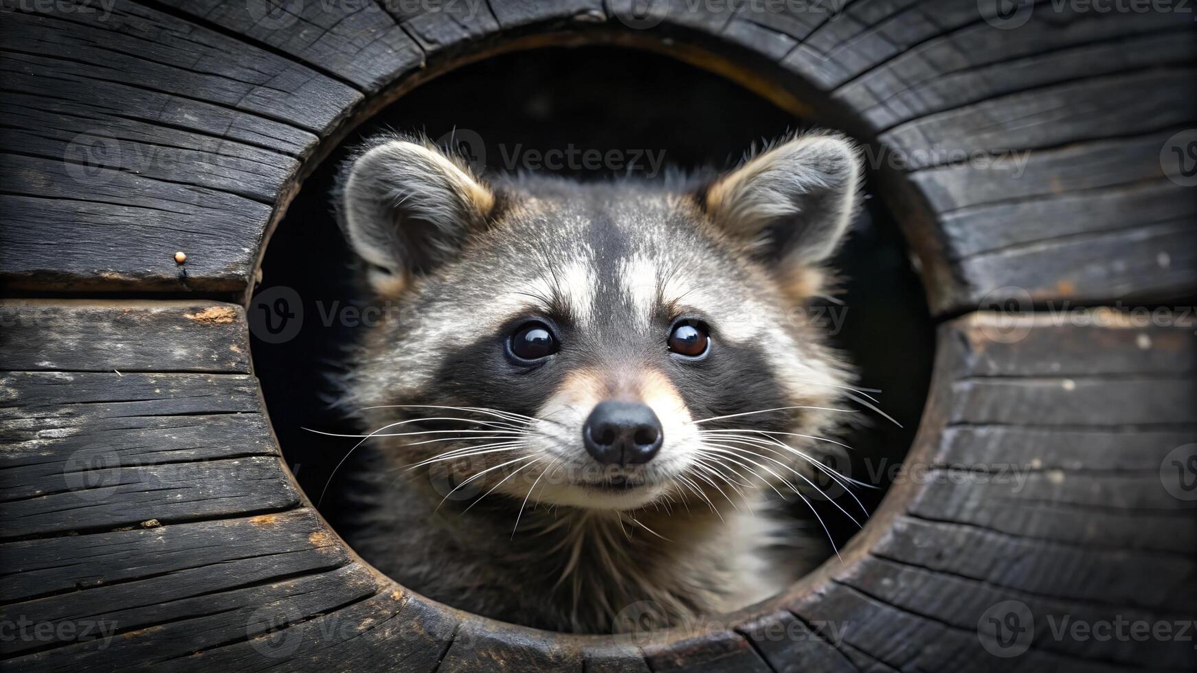 Curious raccoon peeking through a round hole in a black wall, close-up view. . photo