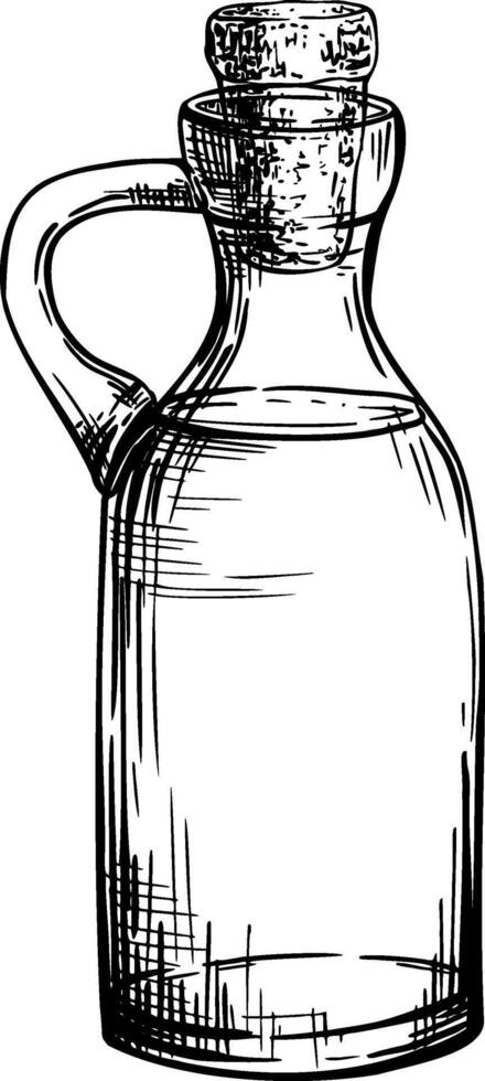 Glass bottle, carafe corked and filled with olive oil, liquid, drink jar with cork or food sauce with stopper Sketch in line art style painted by black ink illustration isolated from background vector