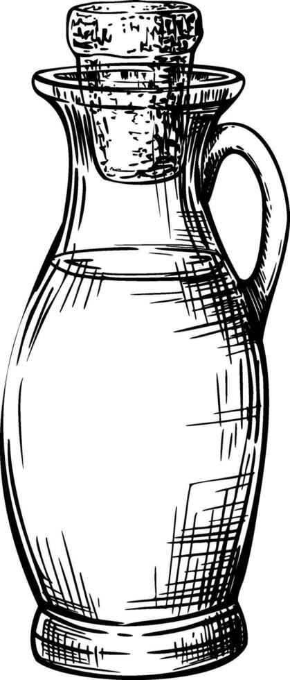 Glass bottle or carafe corked and filled with olive oil, liquid or water. Drink jar with cork or food sauce with stopper. sketch. Hand painted by black ink illustration isolated from background vector
