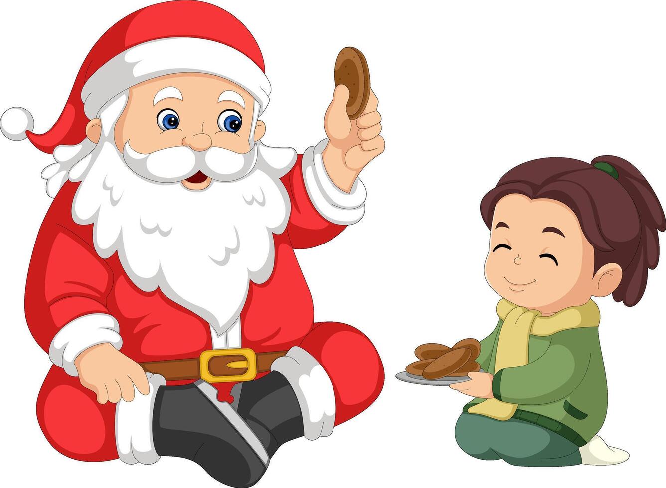 Santa Claus is telling a story while eating biscuits with a little girl vector