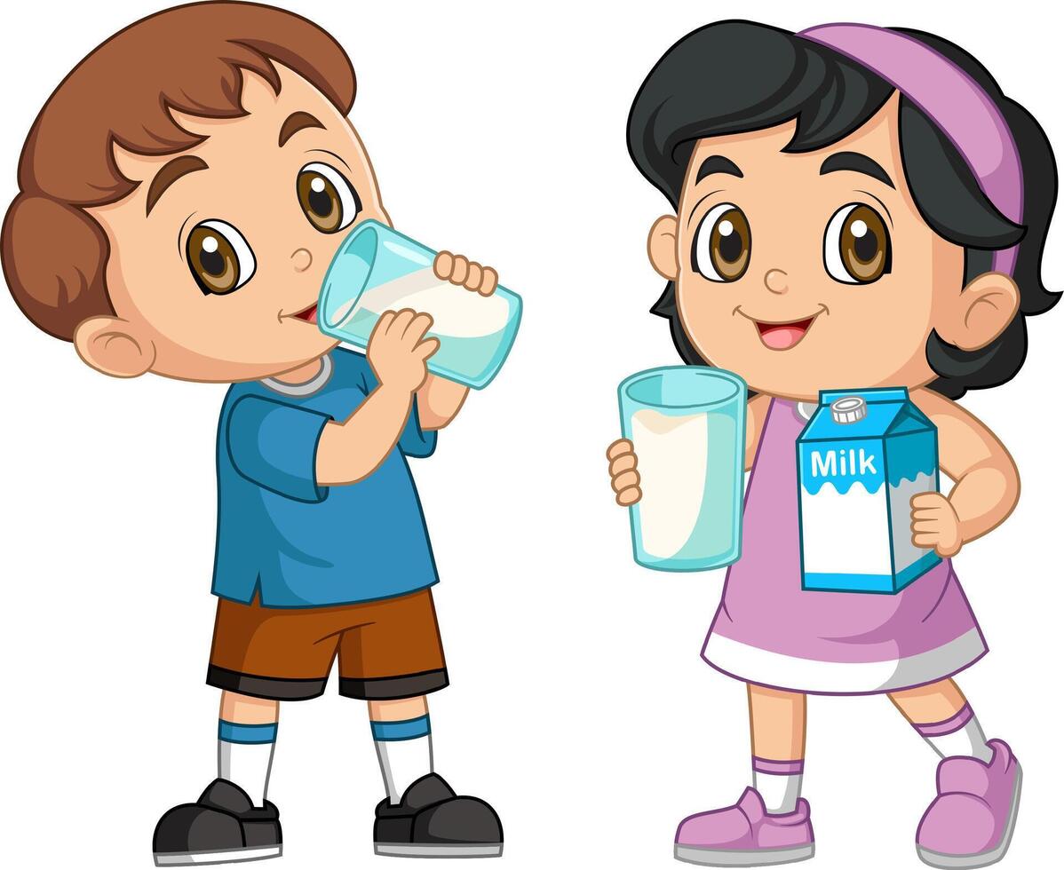 two little kid hold and drink a glass of fresh milk vector