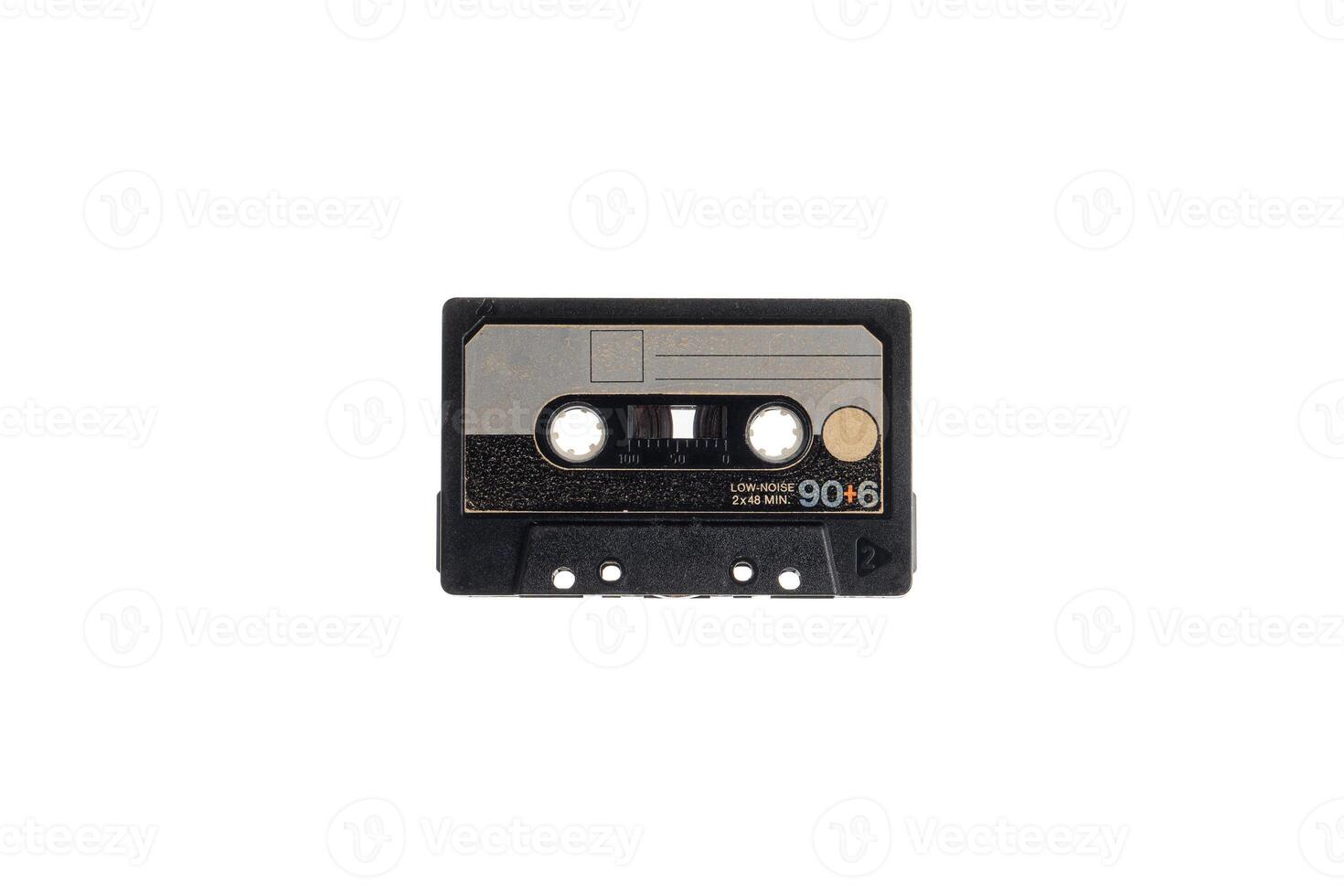 Close-up of an audio cassette with a sticker without text. Analog storage medium. Cassettes for audio recordings and music. photo